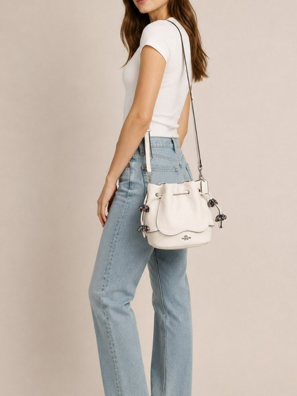 Coach Blossom Petal Bucket Bag Chalk Pebble Leather Floral Limited Edition w/ Du - Picture 3 of 14